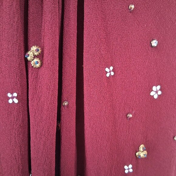 Megan Park Silk Hand Painted Beaded Burgundy Midi Dress Indian Artisan Work 2 - Picture 5 of 10